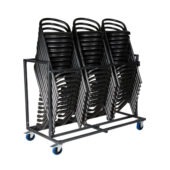 Transportkar / trolley met 30 barkrukken stapelbaar hamerslag zwart met voet- en rugsteun actieprijs.